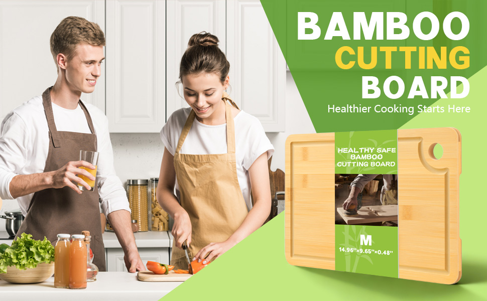 Bamboo Cutting Boards for Kitchen 14.9" x 9.6", Reversible Wood Cutting Board with Juice Groove & Side Handles, Chopping Board for Meat & Cheese, 100% Organic Bamboo
