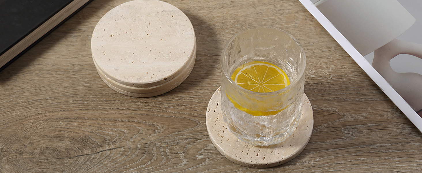 Koville Travertine Coasters, Marble Coaster Set of 4 for Drinks, 4