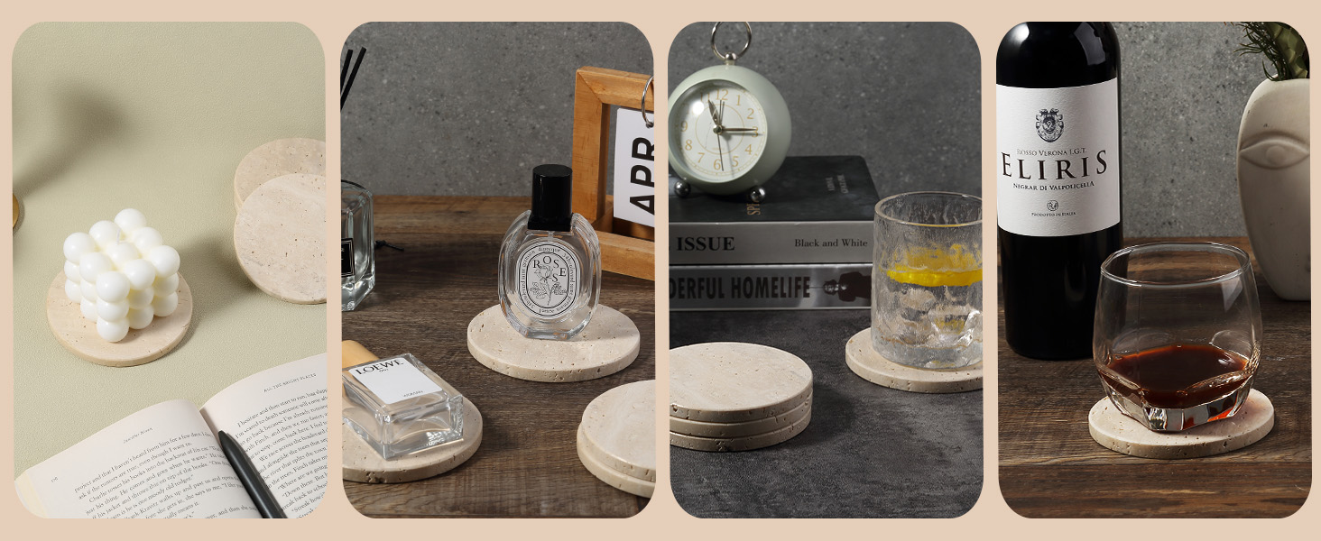 Koville Travertine Coasters, Marble Coaster Set of 4 for Drinks, 4