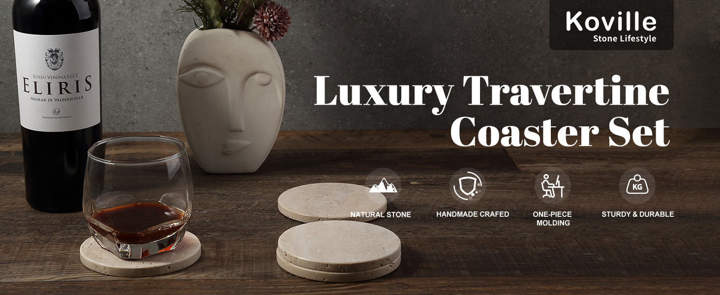 Koville Travertine Coasters, Marble Coaster Set of 4 for Drinks, 4