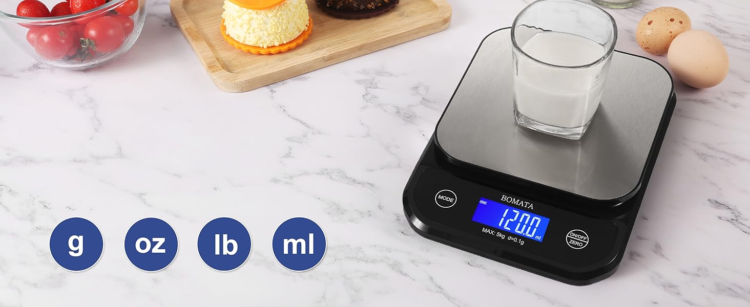 BOMATA Waterproof Kitchen Scale, 0.1g/0.01oz High Precision, 5kg/11lb, Washable, USB Rechargeable, Digital Scale for Food,Cooking, Baking, Weight Loss, Grey