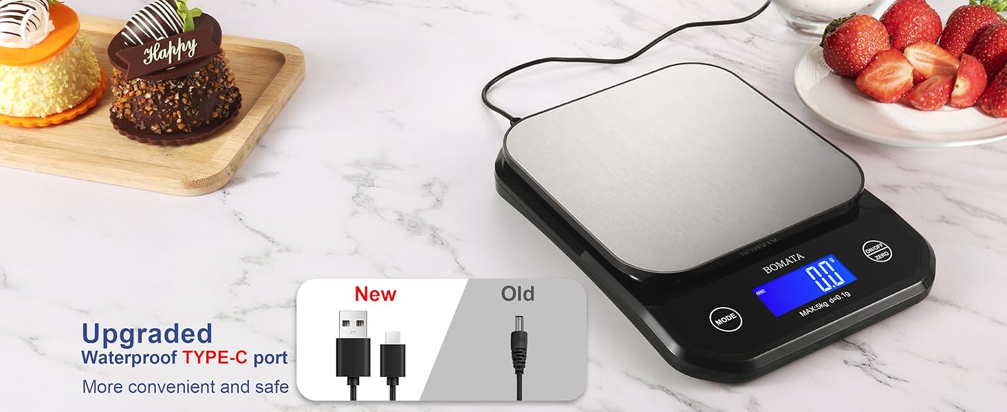 BOMATA Waterproof Kitchen Scale, 0.1g/0.01oz High Precision, 5kg/11lb, Washable, USB Rechargeable, Digital Scale for Food,Cooking, Baking, Weight Loss, Grey