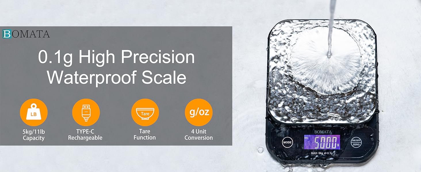 BOMATA Waterproof Kitchen Scale, 0.1g/0.01oz High Precision, 5kg/11lb, Washable, USB Rechargeable, Digital Scale for Food,Cooking, Baking, Weight Loss, Grey
