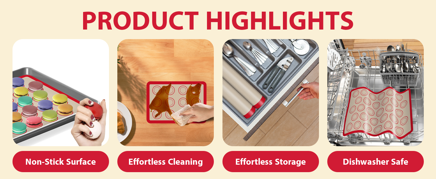 Macaron Silicone Baking Mats, 3 PCS Non Stick Macaroon Mat Silicone for Macarons, Cookie, Pastry, Red