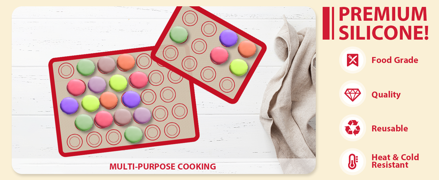 Macaron Silicone Baking Mats, 3 PCS Non Stick Macaroon Mat Silicone for Macarons, Cookie, Pastry, Red