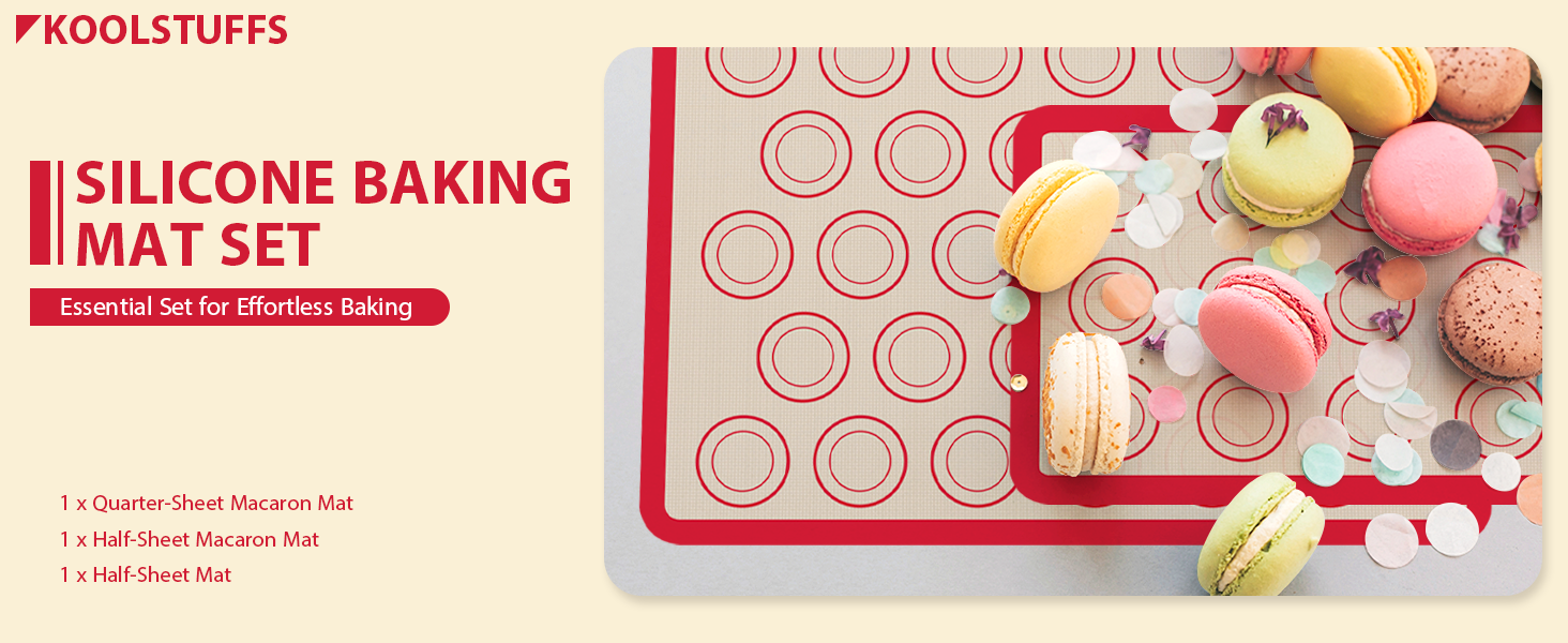 Macaron Silicone Baking Mats, 3 PCS Non Stick Macaroon Mat Silicone for Macarons, Cookie, Pastry, Red