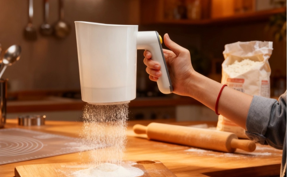 Electric Flour Sifter, Handheld Battery Operated Stainless Steel Mesh Shaker, Cup Shape for Baking and Pastry, 4 Cup/1L Capacity, Efficient Kitchen Tool