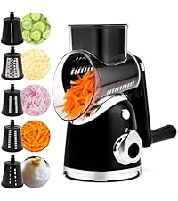 SUSTEAS Rotary Cheese Grater with Handle,Vegetable Slicer with 6 Interchangeable Blades, Reinforced Suction,Easy to Clean,Kitchen Shredder for Crushed Ice,Fruits and Nuts with Blade Storage Case,Black