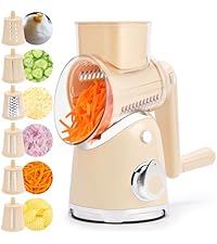 SUSTEAS Rotary Cheese Grater with Handle,Vegetable Slicer with 6 Interchangeable Blades, Reinforced Suction,Easy to Clean,Kitchen Shredder for Crushed Ice,Fruits and Nuts with Blade Storage Case,Black