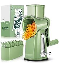 SUSTEAS Rotary Cheese Grater with Handle,Vegetable Slicer with 6 Interchangeable Blades, Reinforced Suction,Easy to Clean,Kitchen Shredder for Crushed Ice,Fruits and Nuts with Blade Storage Case,Black