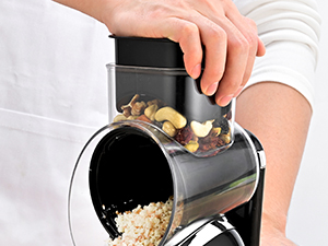 SUSTEAS Rotary Cheese Grater with Handle,Vegetable Slicer with 6 Interchangeable Blades, Reinforced Suction,Easy to Clean,Kitchen Shredder for Crushed Ice,Fruits and Nuts with Blade Storage Case,Black