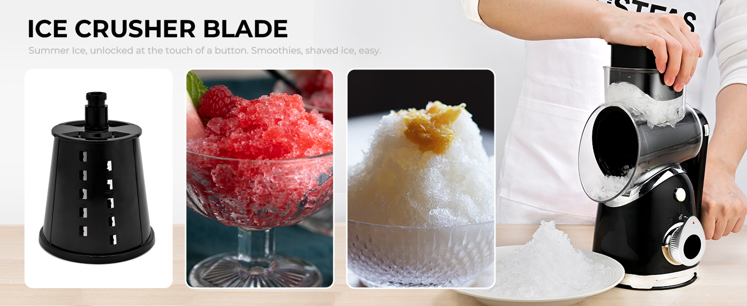 SUSTEAS Rotary Cheese Grater with Handle,Vegetable Slicer with 6 Interchangeable Blades, Reinforced Suction,Easy to Clean,Kitchen Shredder for Crushed Ice,Fruits and Nuts with Blade Storage Case,Black