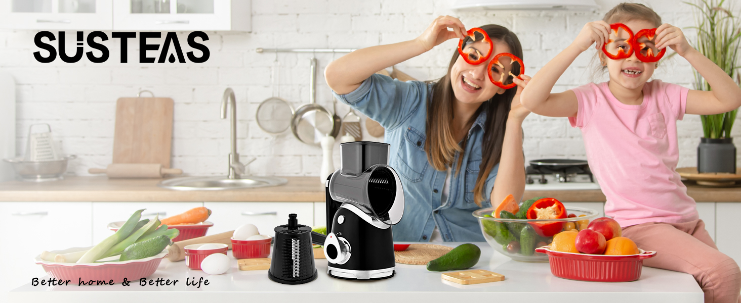 SUSTEAS Rotary Cheese Grater with Handle,Vegetable Slicer with 6 Interchangeable Blades, Reinforced Suction,Easy to Clean,Kitchen Shredder for Crushed Ice,Fruits and Nuts with Blade Storage Case,Black