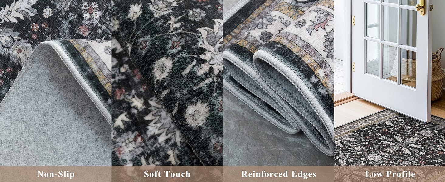 3-Piece Washable Kitchen Rug Set of 3 with Runner – Non-Slip Boho Kitchen Mats for Hardwood Floor, Sink & Entryway & Bathroom, Home Decor (Black,2x3+2x4+2x5)