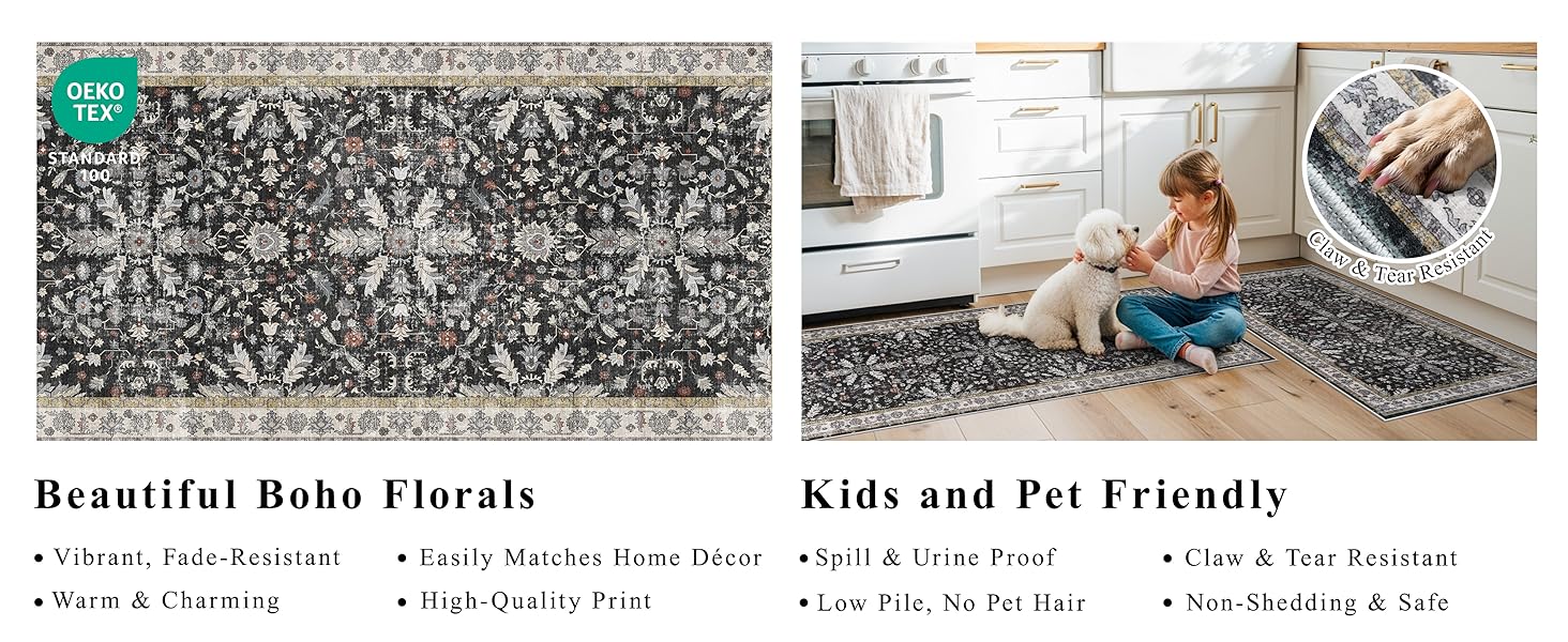 3-Piece Washable Kitchen Rug Set of 3 with Runner – Non-Slip Boho Kitchen Mats for Hardwood Floor, Sink & Entryway & Bathroom, Home Decor (Black,2x3+2x4+2x5)