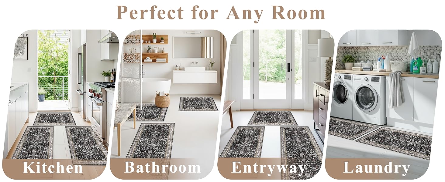 3-Piece Washable Kitchen Rug Set of 3 with Runner – Non-Slip Boho Kitchen Mats for Hardwood Floor, Sink & Entryway & Bathroom, Home Decor (Black,2x3+2x4+2x5)