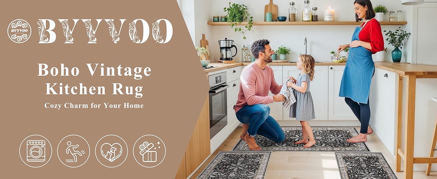 3-Piece Washable Kitchen Rug Set of 3 with Runner – Non-Slip Boho Kitchen Mats for Hardwood Floor, Sink & Entryway & Bathroom, Home Decor (Black,2x3+2x4+2x5)