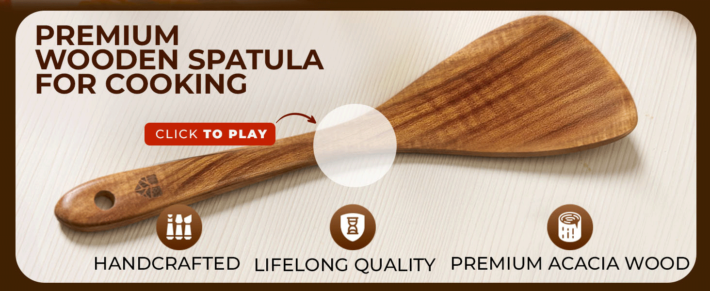 Wooden Spatula for Cooking, 12 Inch - Easy to Clean, Long-Lasting & Sturdy Natural Acacia Wood Spatula for Cooking - Wooden Spatulas with Comfortable Handle, Perfect for Flipping, Turning & Frying