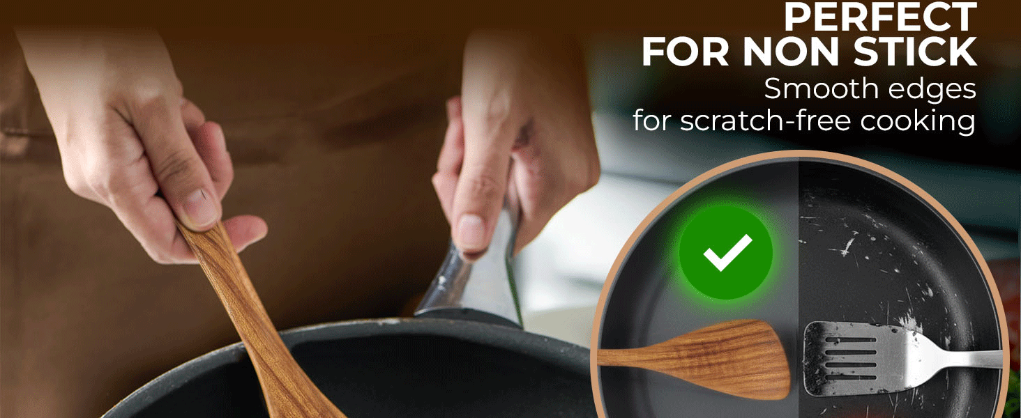 Wooden Spatula for Cooking, 12 Inch - Easy to Clean, Long-Lasting & Sturdy Natural Acacia Wood Spatula for Cooking - Wooden Spatulas with Comfortable Handle, Perfect for Flipping, Turning & Frying