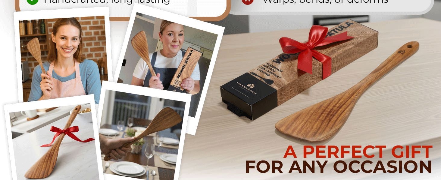 Wooden Spatula for Cooking, 12 Inch - Easy to Clean, Long-Lasting & Sturdy Natural Acacia Wood Spatula for Cooking - Wooden Spatulas with Comfortable Handle, Perfect for Flipping, Turning & Frying