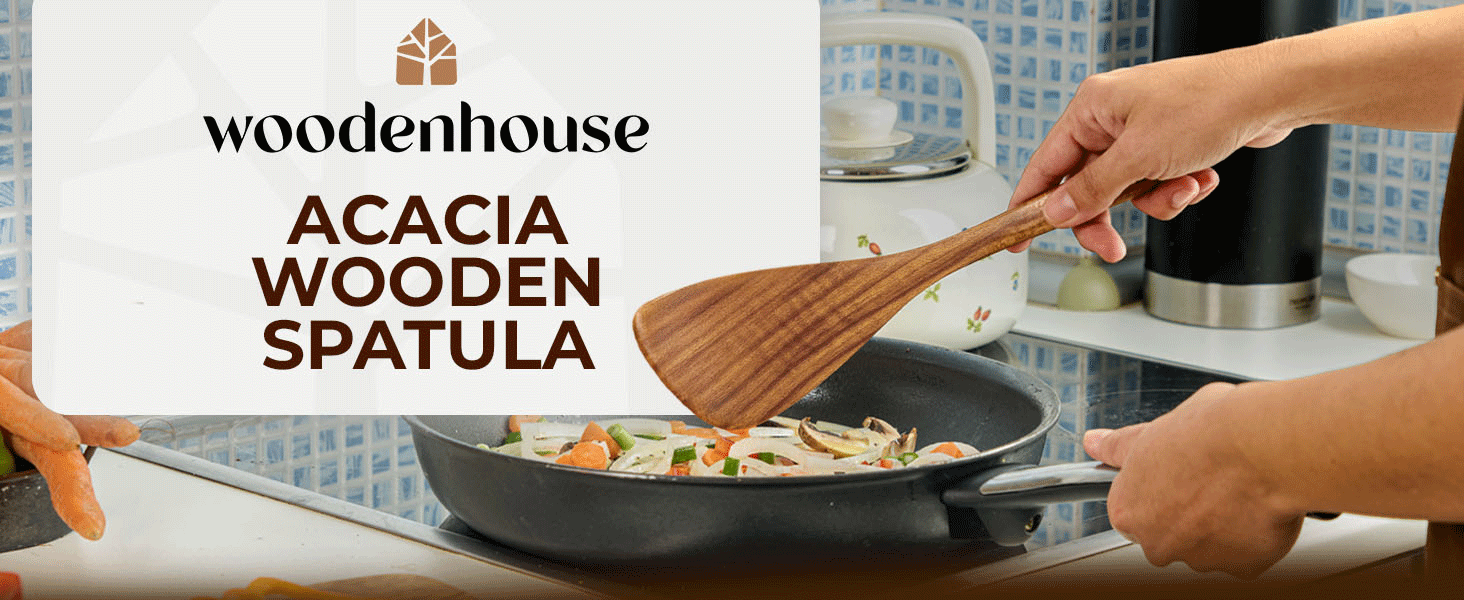 Wooden Spatula for Cooking, 12 Inch - Easy to Clean, Long-Lasting & Sturdy Natural Acacia Wood Spatula for Cooking - Wooden Spatulas with Comfortable Handle, Perfect for Flipping, Turning & Frying