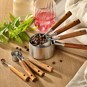 8PCS Measuring Cups, DAJLFA Stainless Steel Measuring Cups and Spoons Set with Ergonomic Wooden Handle for Cooking & Baking