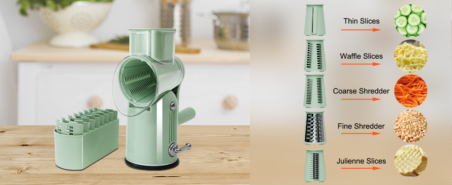 5 in 1 Cheese Grater with Rotary Hand Crank - Vegetable Chopper with Replaceable Stainless Blades, Strong Suction Base, Handle, Blade Storage Box, Easy-Clean Multipurpose Kitchen Slicer (Green)