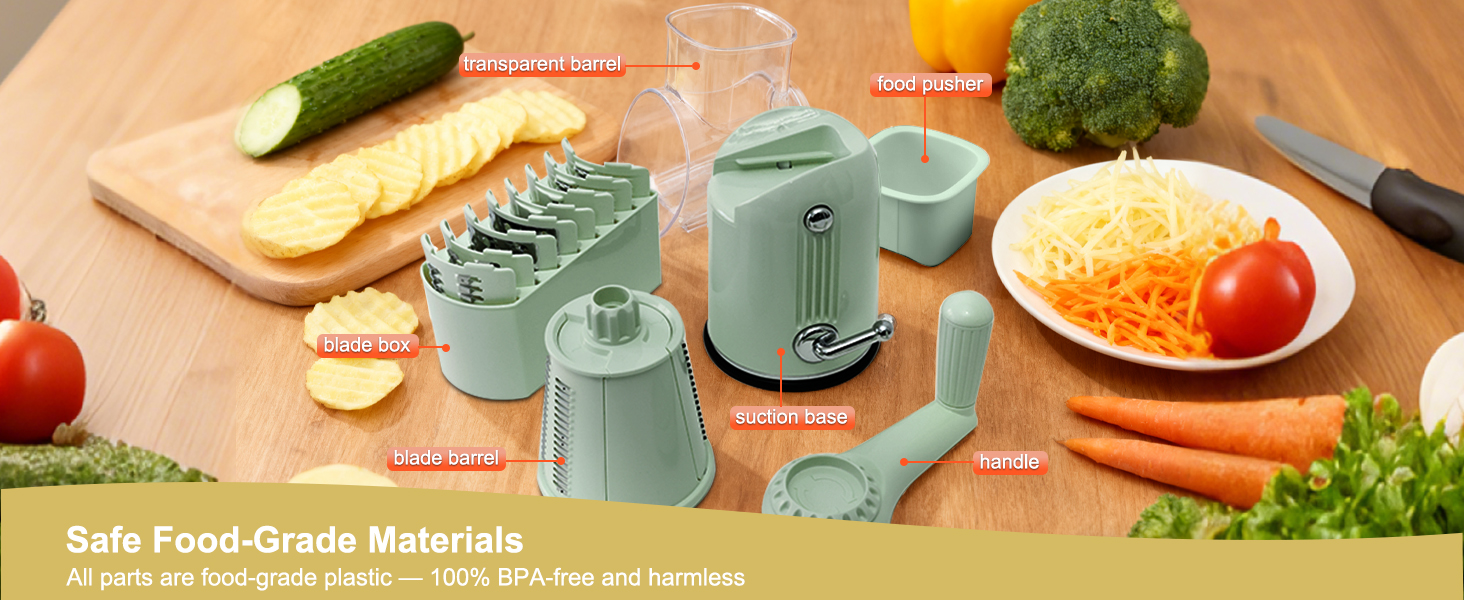 5 in 1 Cheese Grater with Rotary Hand Crank - Vegetable Chopper with Replaceable Stainless Blades, Strong Suction Base, Handle, Blade Storage Box, Easy-Clean Multipurpose Kitchen Slicer (Green)