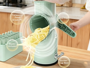 5 in 1 Cheese Grater with Rotary Hand Crank - Vegetable Chopper with Replaceable Stainless Blades, Strong Suction Base, Handle, Blade Storage Box, Easy-Clean Multipurpose Kitchen Slicer (Green)