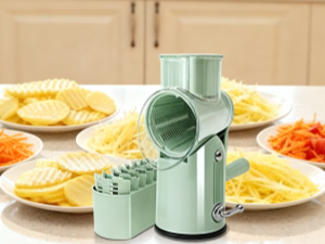 5 in 1 Cheese Grater with Rotary Hand Crank - Vegetable Chopper with Replaceable Stainless Blades, Strong Suction Base, Handle, Blade Storage Box, Easy-Clean Multipurpose Kitchen Slicer (Green)