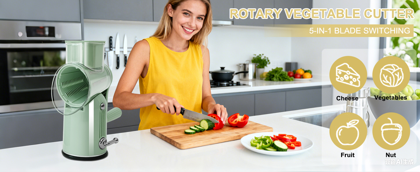 5 in 1 Cheese Grater with Rotary Hand Crank - Vegetable Chopper with Replaceable Stainless Blades, Strong Suction Base, Handle, Blade Storage Box, Easy-Clean Multipurpose Kitchen Slicer (Green)