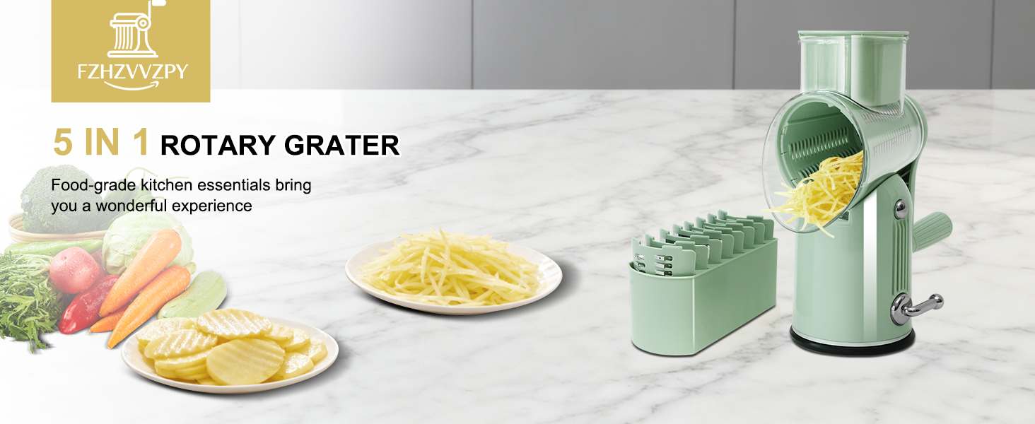 5 in 1 Cheese Grater with Rotary Hand Crank - Vegetable Chopper with Replaceable Stainless Blades, Strong Suction Base, Handle, Blade Storage Box, Easy-Clean Multipurpose Kitchen Slicer (Green)