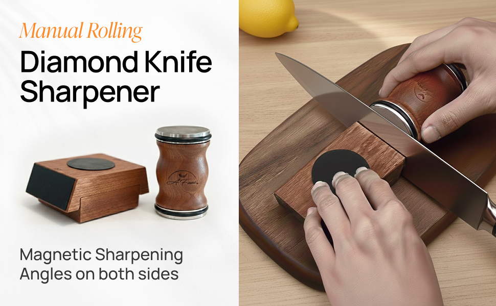 High‑Quality Wooden Manual Rolling Diamond Knife Sharpener – Beech Wood, Magnetic Angles 15°/20°, 2‑Grit Diamond Roller, Eco‑Friendly, Professional Kitchen Tool