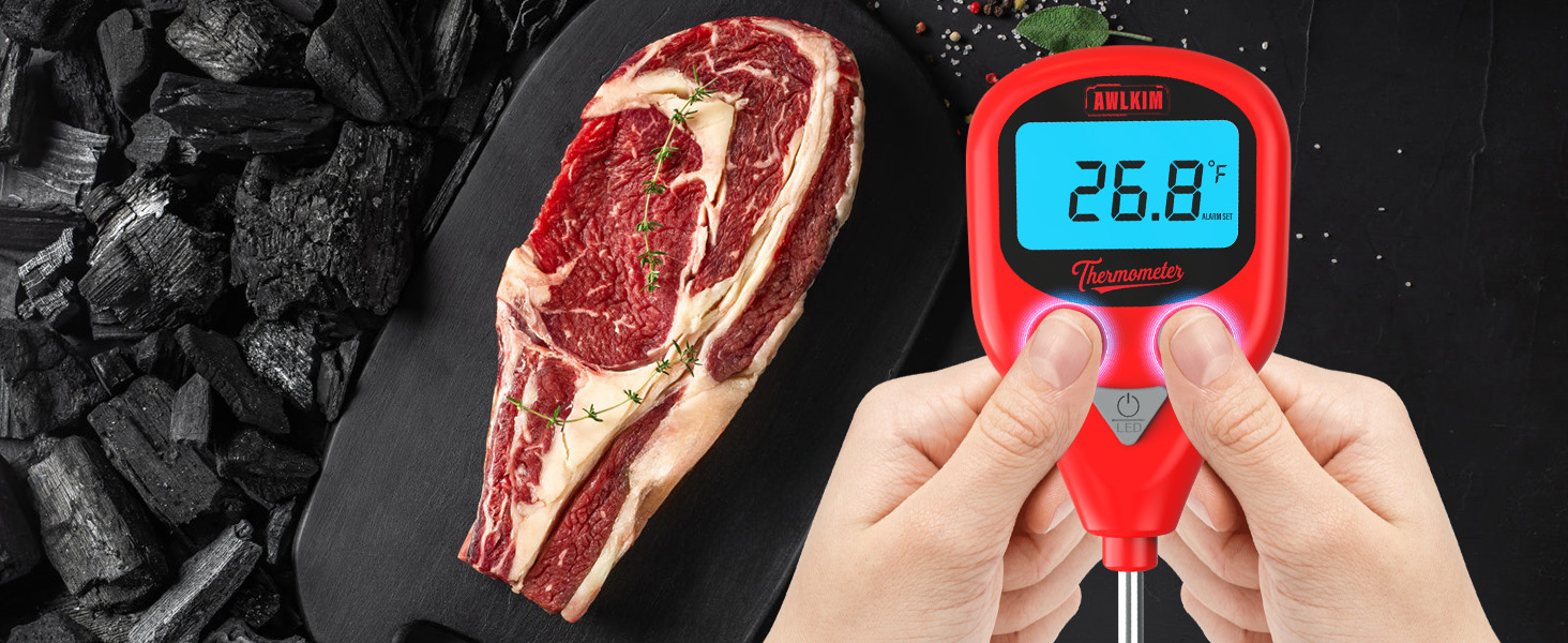 Rechargeable Digital Meat Thermometer with 3.3ft External Probe, Warning Alert, Instant Read Food Thermometer for Cooking Baking Water BBQ Oil Fry, Waterproof IP67, Hold Function, Oven Safe