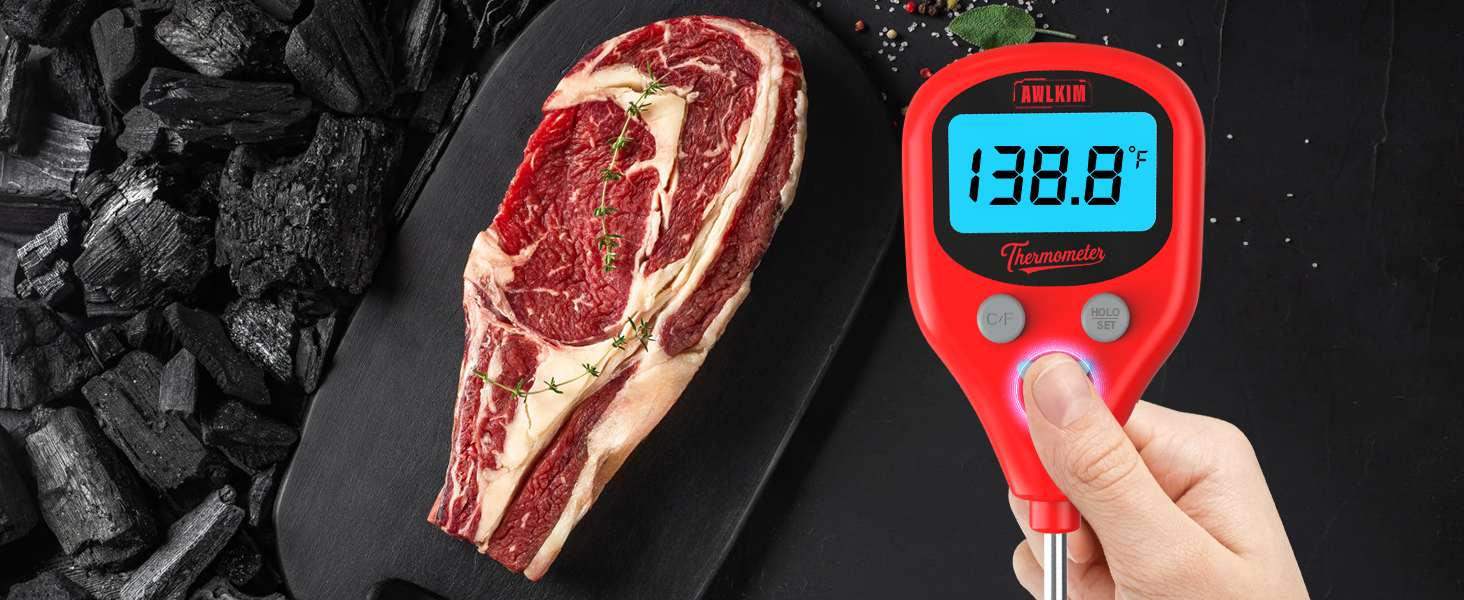 Rechargeable Digital Meat Thermometer with 3.3ft External Probe, Warning Alert, Instant Read Food Thermometer for Cooking Baking Water BBQ Oil Fry, Waterproof IP67, Hold Function, Oven Safe