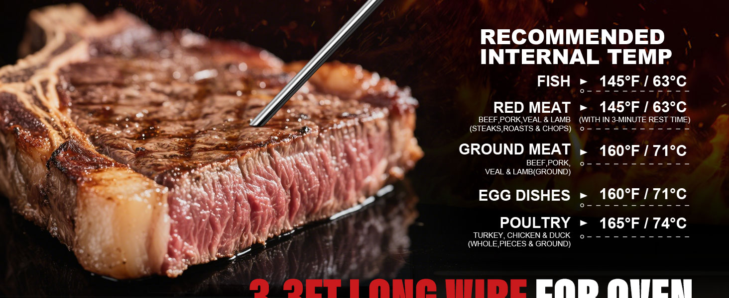 Rechargeable Digital Meat Thermometer with 3.3ft External Probe, Warning Alert, Instant Read Food Thermometer for Cooking Baking Water BBQ Oil Fry, Waterproof IP67, Hold Function, Oven Safe