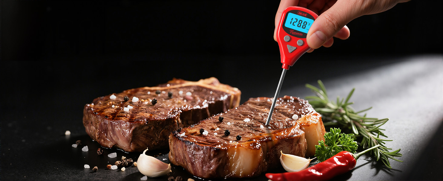 Rechargeable Digital Meat Thermometer with 3.3ft External Probe, Warning Alert, Instant Read Food Thermometer for Cooking Baking Water BBQ Oil Fry, Waterproof IP67, Hold Function, Oven Safe