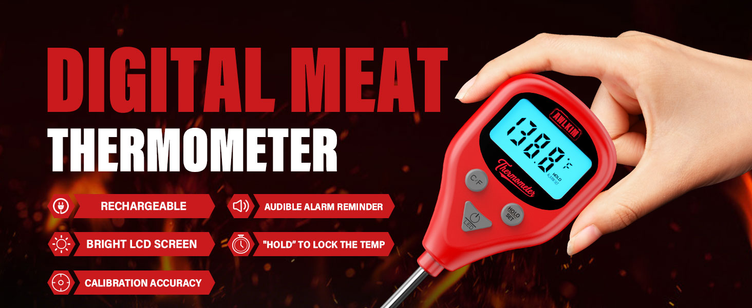 Rechargeable Digital Meat Thermometer with 3.3ft External Probe, Warning Alert, Instant Read Food Thermometer for Cooking Baking Water BBQ Oil Fry, Waterproof IP67, Hold Function, Oven Safe