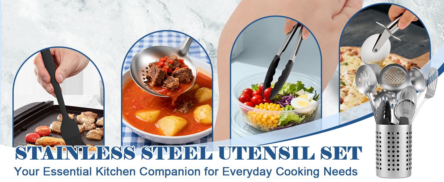 BEWOS Cooking Utensils Set 15 Piece - Stainless Steel Kitchen Utensils Set, Kitchen Tools Set with Spatula and Holder, Non-Toxic, Dishwasher Safe & Heat Resistant