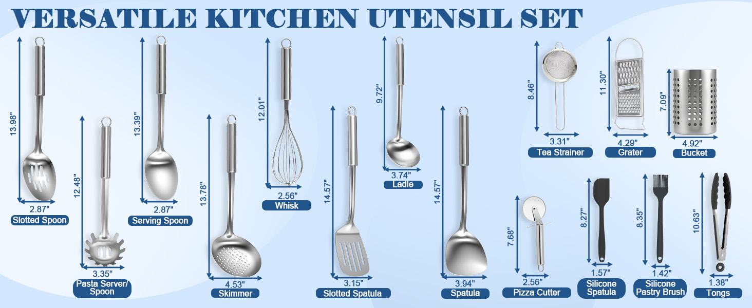 BEWOS Cooking Utensils Set 15 Piece - Stainless Steel Kitchen Utensils Set, Kitchen Tools Set with Spatula and Holder, Non-Toxic, Dishwasher Safe & Heat Resistant