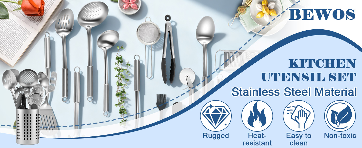BEWOS Cooking Utensils Set 15 Piece - Stainless Steel Kitchen Utensils Set, Kitchen Tools Set with Spatula and Holder, Non-Toxic, Dishwasher Safe & Heat Resistant