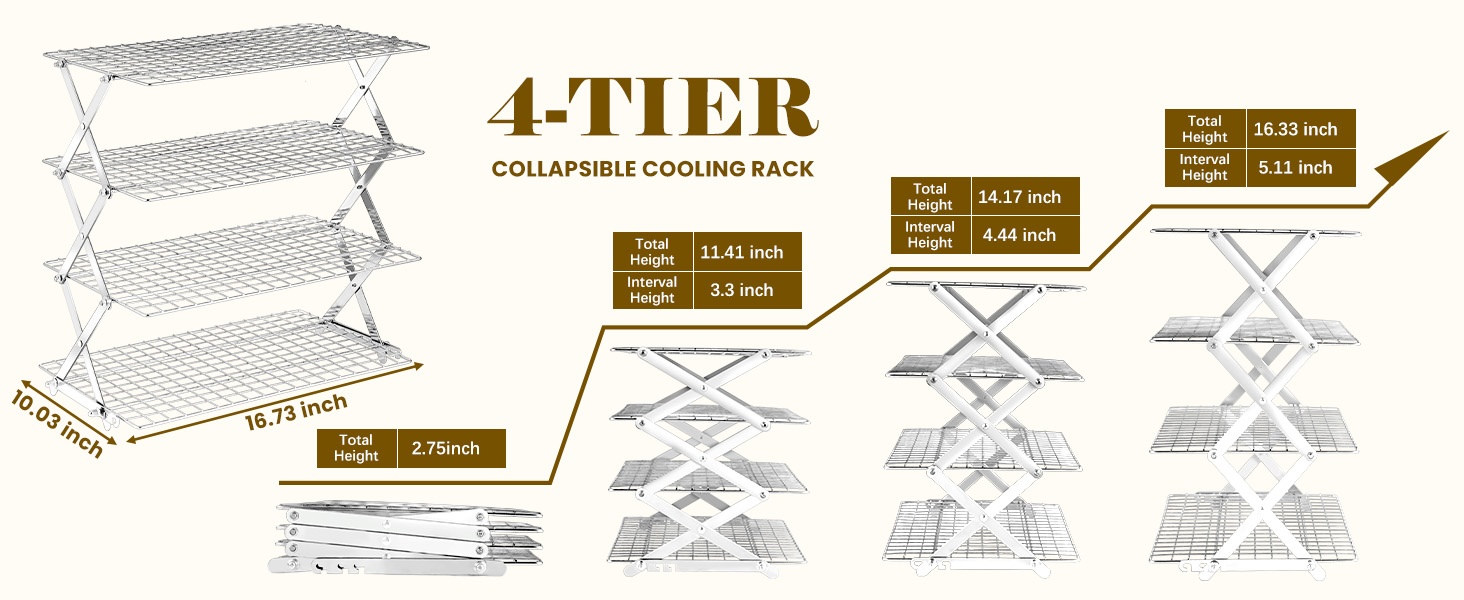 BEWOS 4 Tier Collapsible Cooling Rack - Adjustable Stainless Steel Baking Rack with Leak-Proof Mesh, X-Shaped Structure Cooling Rack for Cooking and Baking, Dishwasher Safe