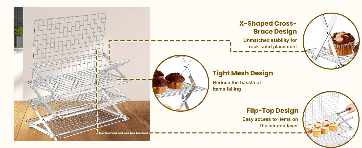 BEWOS 4 Tier Collapsible Cooling Rack - Adjustable Stainless Steel Baking Rack with Leak-Proof Mesh, X-Shaped Structure Cooling Rack for Cooking and Baking, Dishwasher Safe