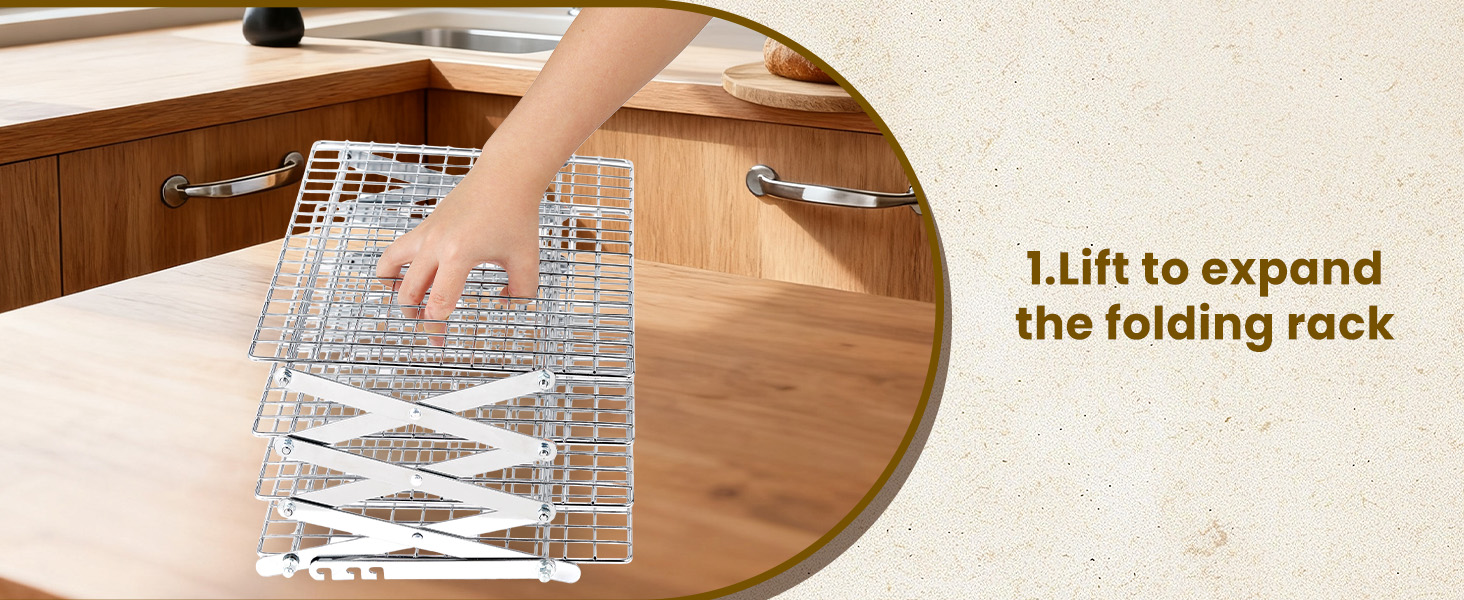BEWOS 4 Tier Collapsible Cooling Rack - Adjustable Stainless Steel Baking Rack with Leak-Proof Mesh, X-Shaped Structure Cooling Rack for Cooking and Baking, Dishwasher Safe