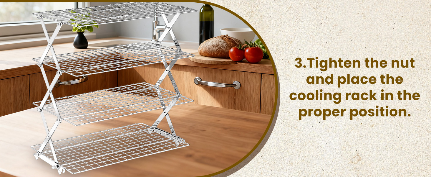 BEWOS 4 Tier Collapsible Cooling Rack - Adjustable Stainless Steel Baking Rack with Leak-Proof Mesh, X-Shaped Structure Cooling Rack for Cooking and Baking, Dishwasher Safe