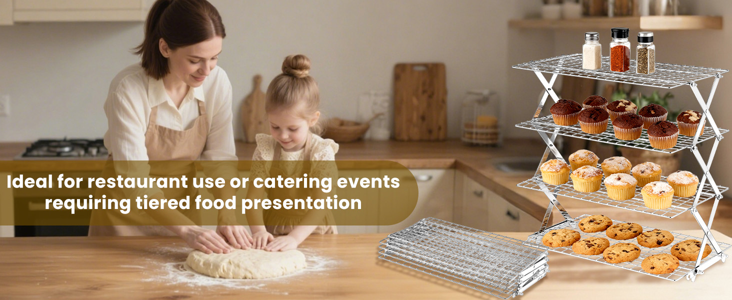 BEWOS 4 Tier Collapsible Cooling Rack - Adjustable Stainless Steel Baking Rack with Leak-Proof Mesh, X-Shaped Structure Cooling Rack for Cooking and Baking, Dishwasher Safe