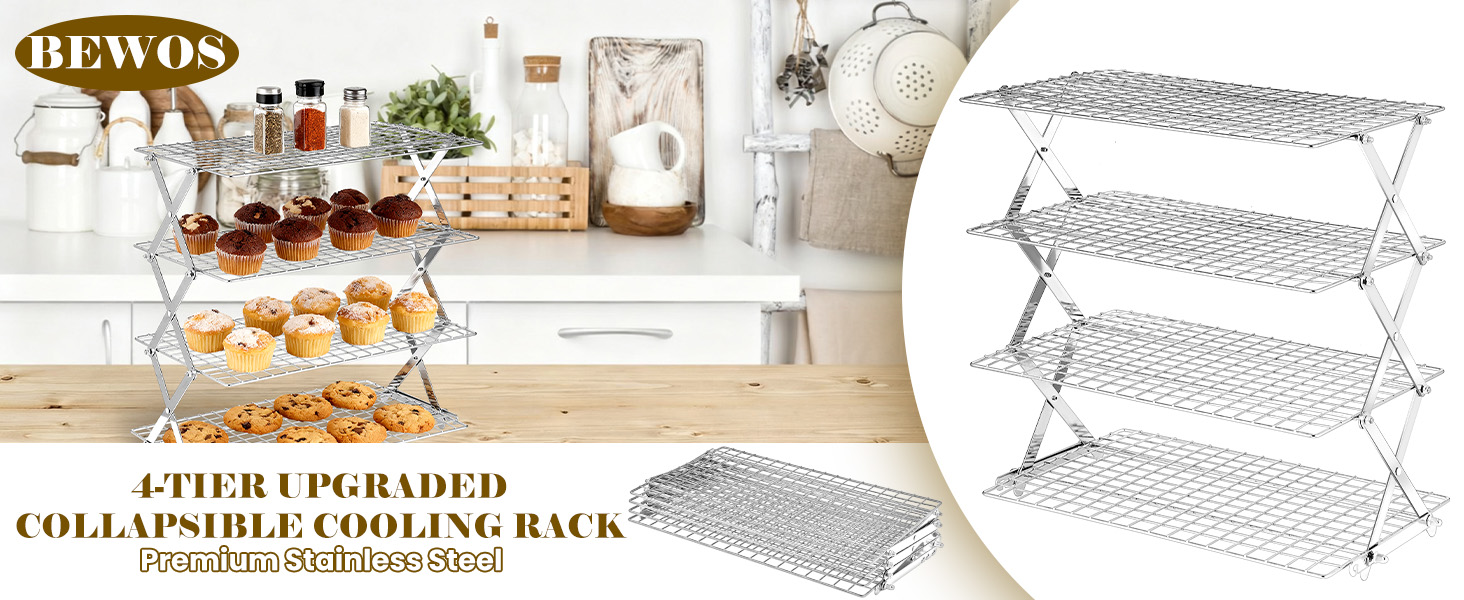 BEWOS 4 Tier Collapsible Cooling Rack - Adjustable Stainless Steel Baking Rack with Leak-Proof Mesh, X-Shaped Structure Cooling Rack for Cooking and Baking, Dishwasher Safe