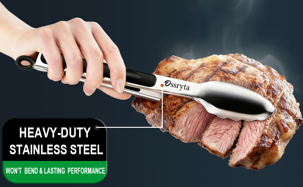 Stainless Steel Cooking Tongs Set of 3 - Heavy Duty 12/9/7 Inch Locking Tongs, Heat Resistant to 600 Degrees, Food Grade Kitchen Metal Tong for Food, Salad, & BBQ - Dishwasher Safe