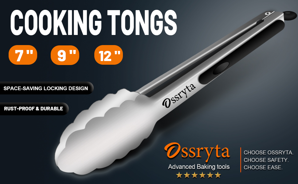 Stainless Steel Cooking Tongs Set of 3 - Heavy Duty 12/9/7 Inch Locking Tongs, Heat Resistant to 600 Degrees, Food Grade Kitchen Metal Tong for Food, Salad, & BBQ - Dishwasher Safe