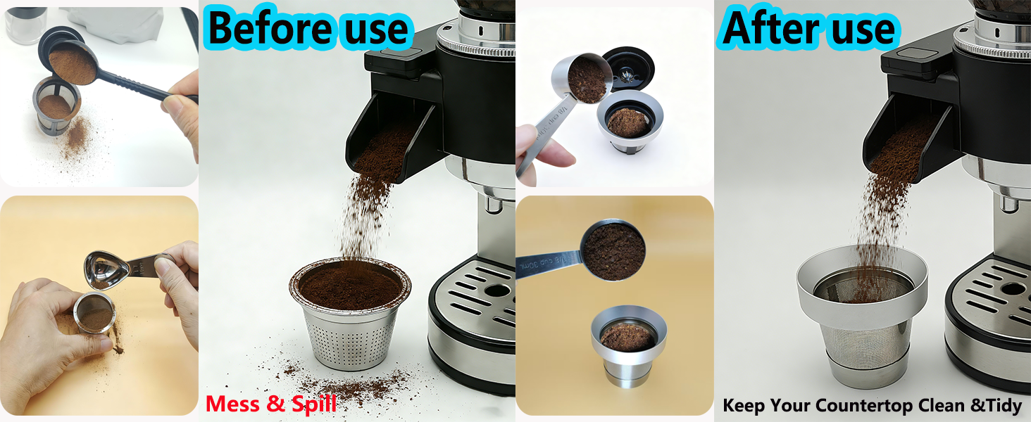 Reusable K Cup Refill Kit: Metal Coffee Scoop & Aluminum Coffee Filler, Designed for Filling Coffee into K 1.0/2.0 Metal and Plastic Reusable K-Cups Capsules (Silver Black) (Silver)